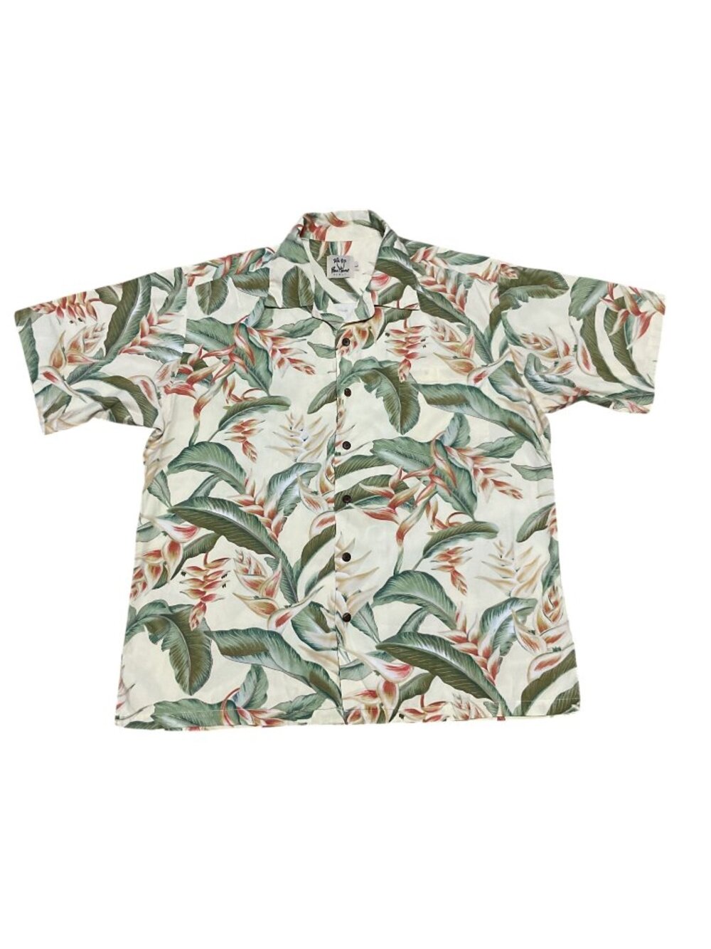 Vintage Pau Hana Hawaiian Shirt Sz L Floral Beige Green Made in Hawaii USA